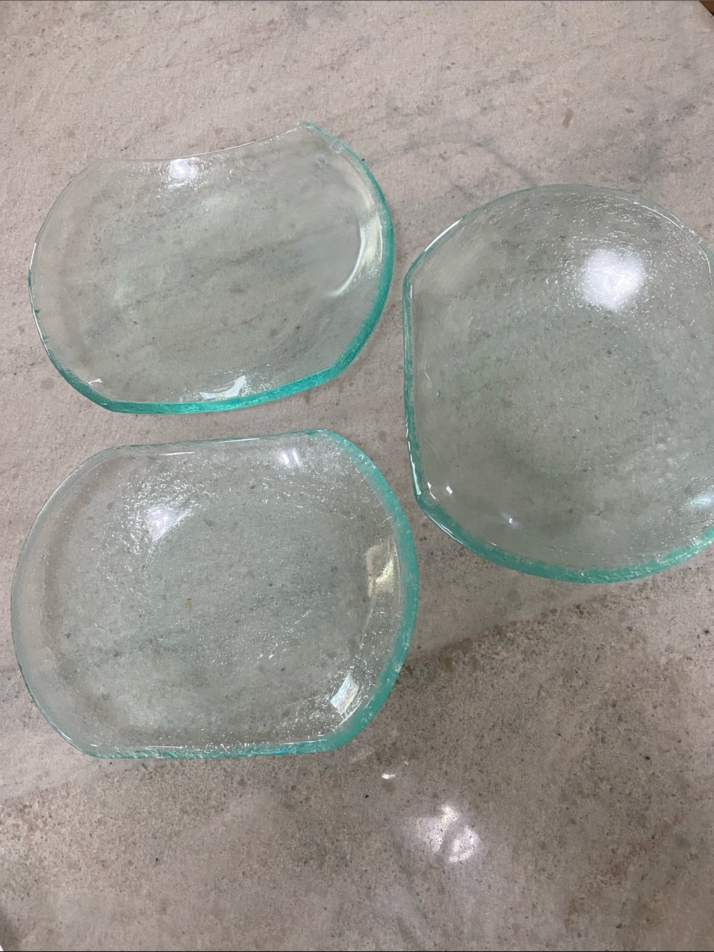 Set of 3 Fused Small Glass Bowls. Made with recycled glass with Sea Green edges